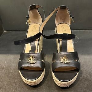 Ralph Lauren Black Leather Espadrille Wedge Sandals with Gold RL Logo